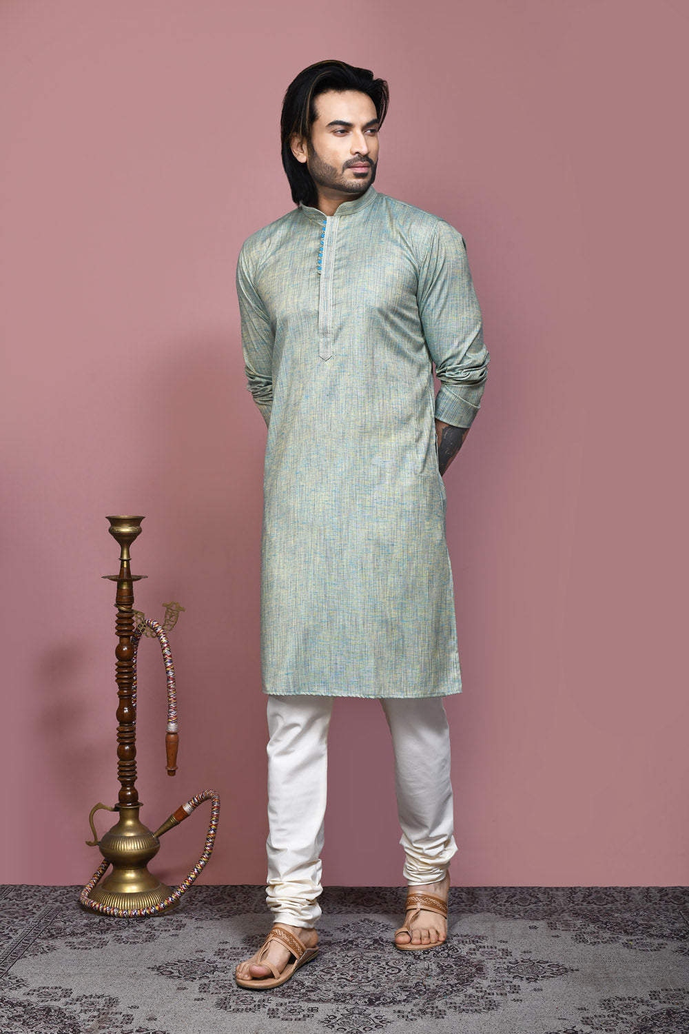 Pista Colour Cotton Silk Fabric Plain Kurta Pajama