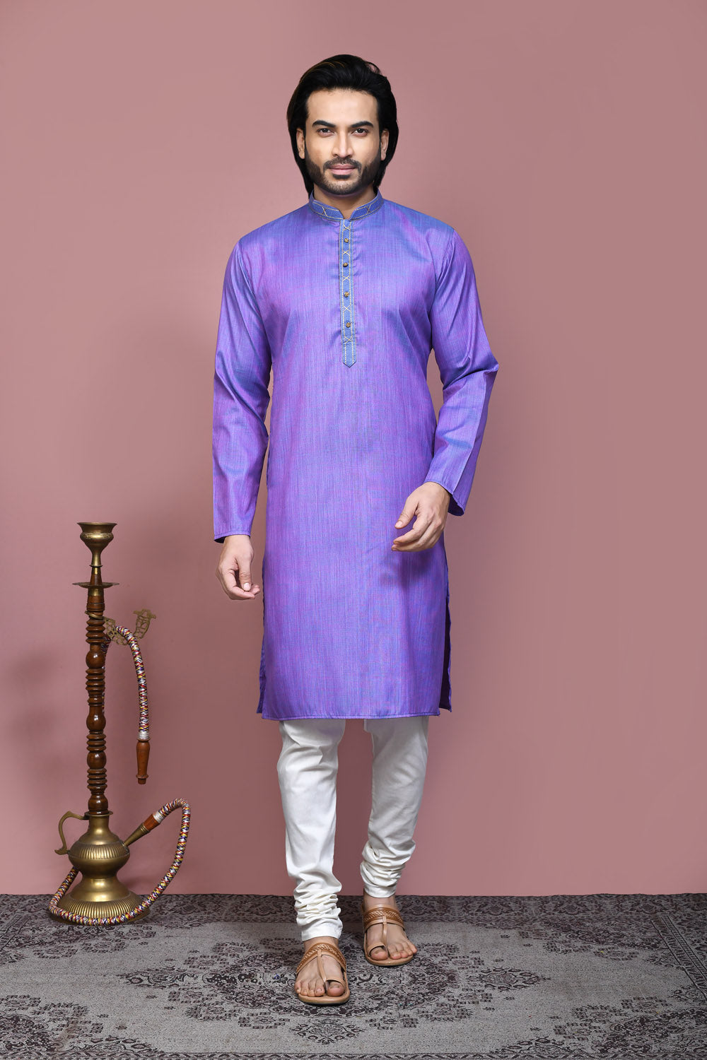 Purple Colour Cotton Silk Fabric Plain Kurta Pajama