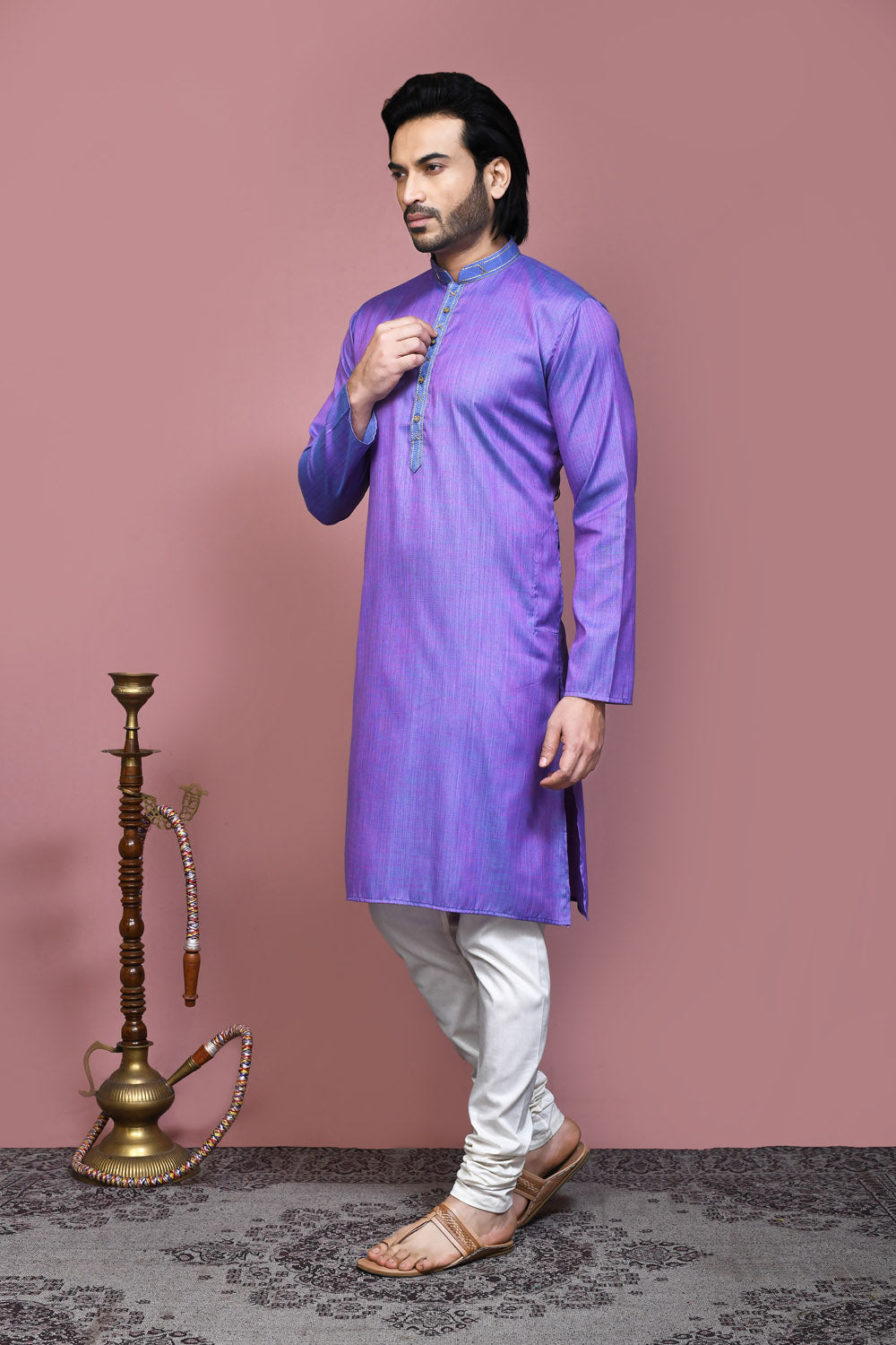 Purple Colour Cotton Silk Fabric Plain Kurta Pajama