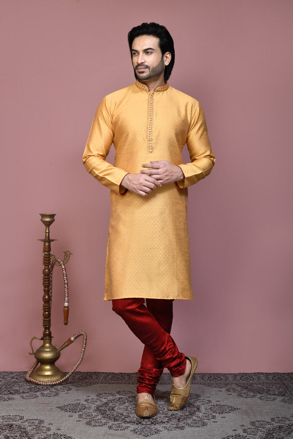 Gold Colour Art Silk Fabric Resham Woven Kurta Pajama