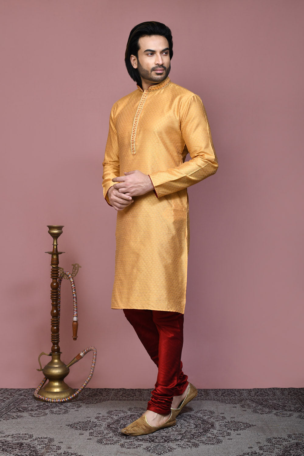 Gold Colour Art Silk Fabric Resham Woven Kurta Pajama