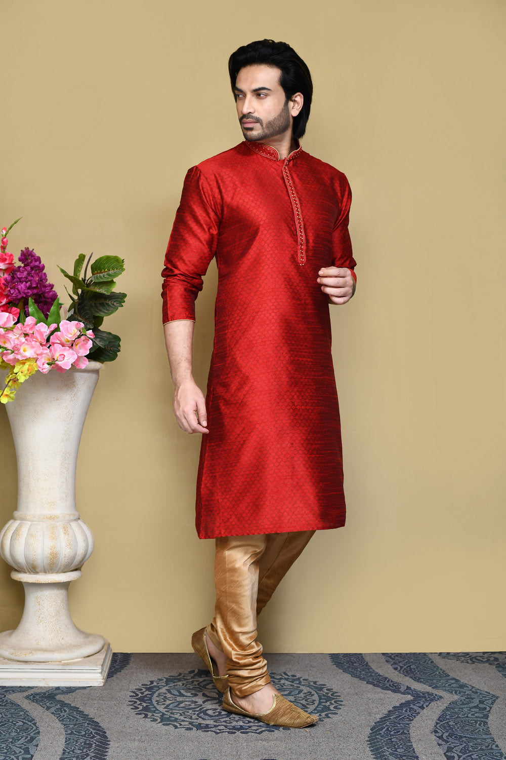 Red Colour Art Silk Fabric Resham Woven Kurta Pajama