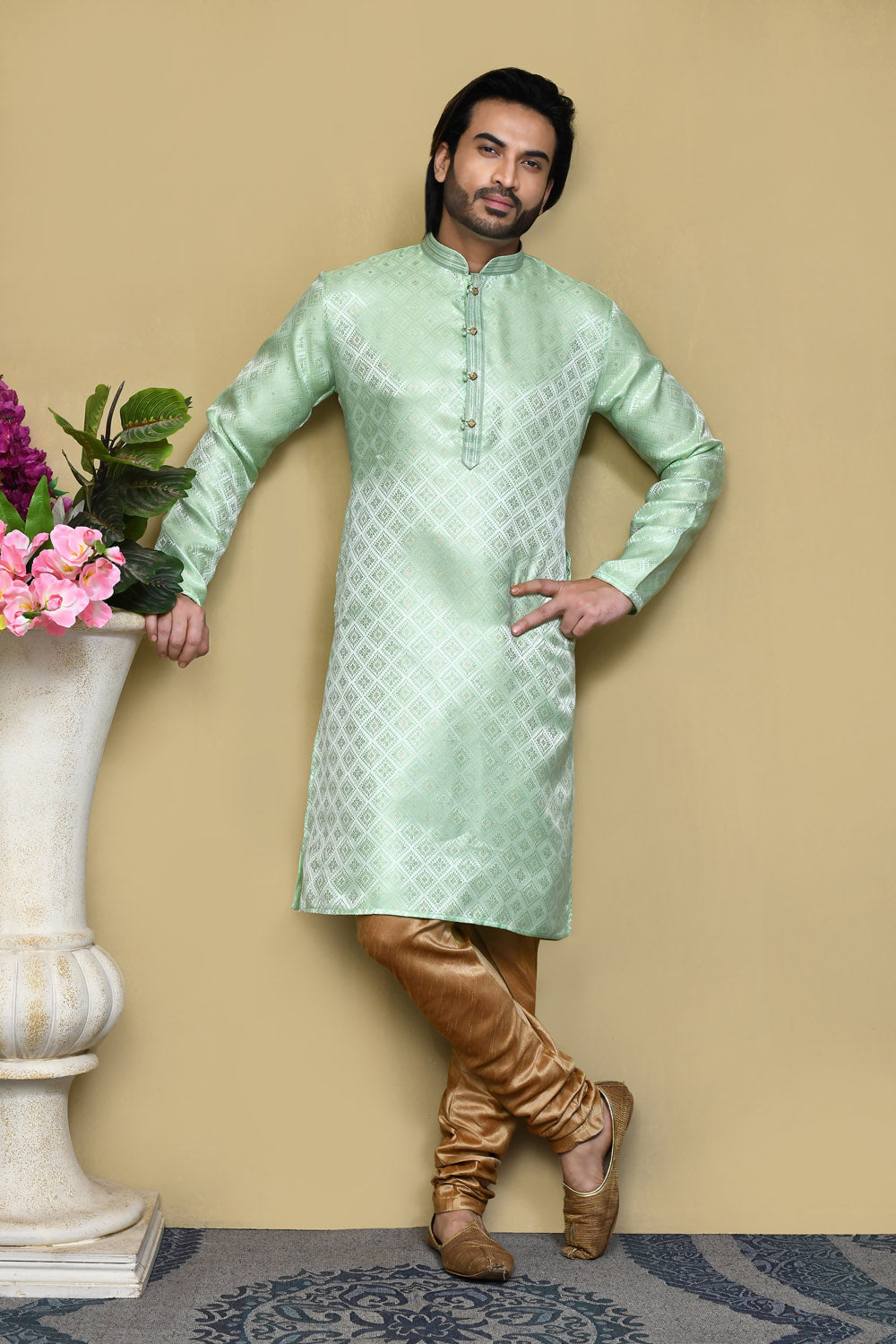 Pista Colour Art Silk Fabric Resham Woven Kurta Pajama