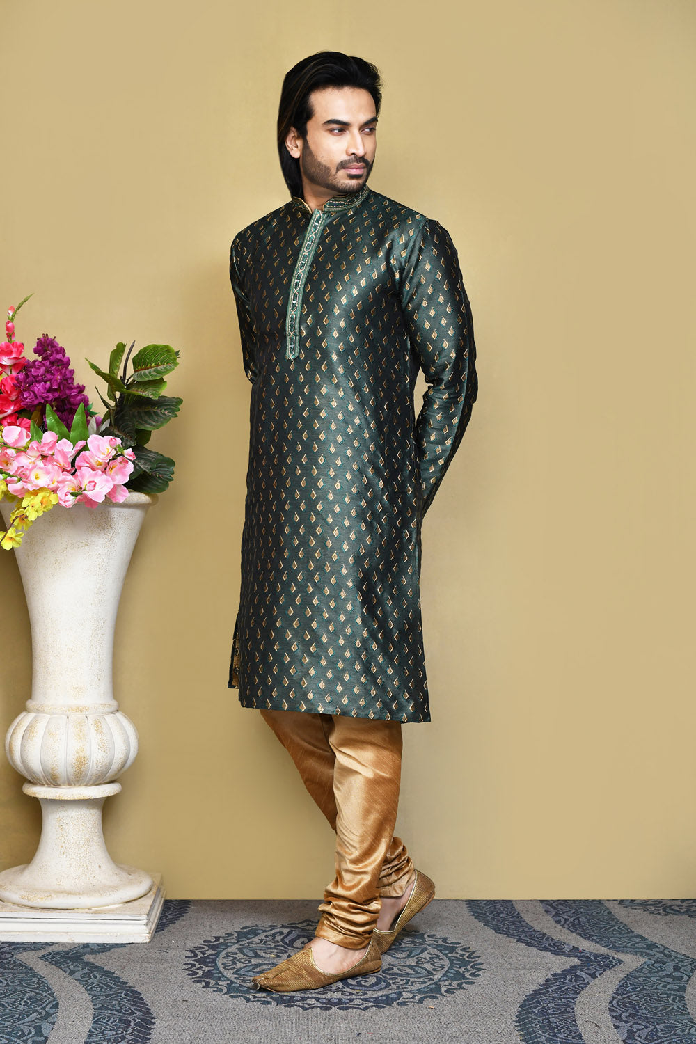 Green Colour Art Silk Fabric Resham Woven Kurta Pajama