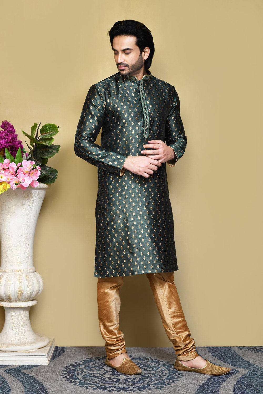 Green Colour Art Silk Fabric Resham Woven Kurta Pajama
