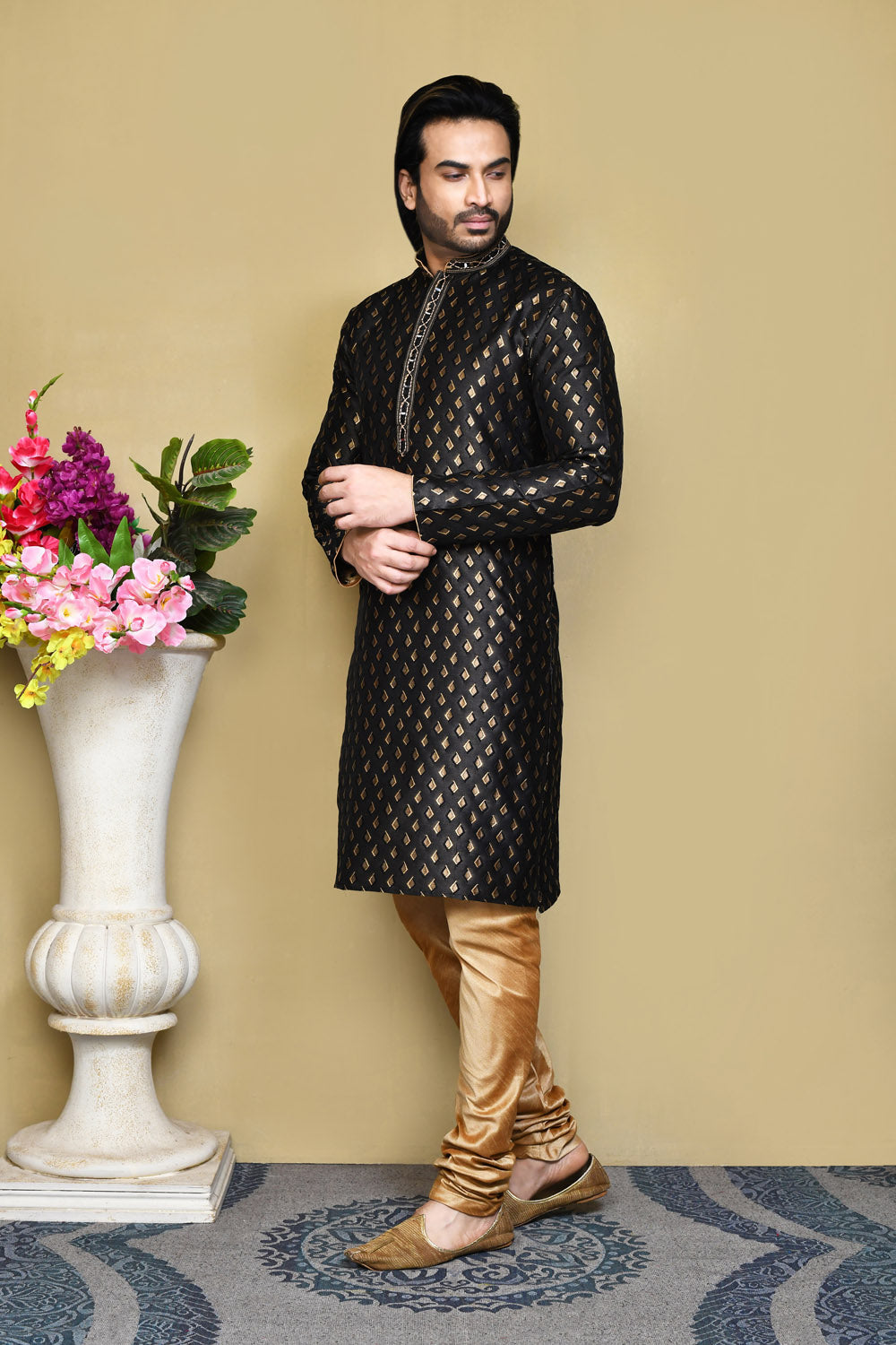 Black Colour Art Silk Fabric Resham Woven Kurta Pajama