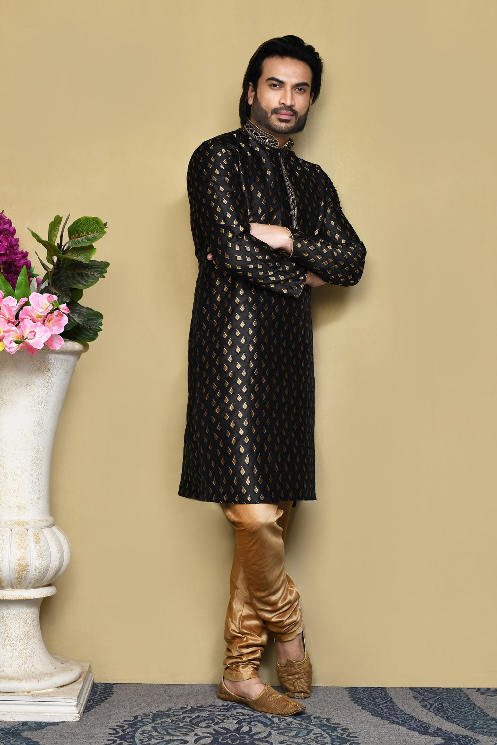 Black Colour Art Silk Fabric Resham Woven Kurta Pajama