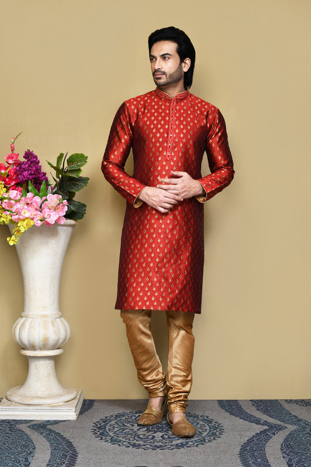 Red Colour Art Silk Fabric Resham Woven Kurta Pajama
