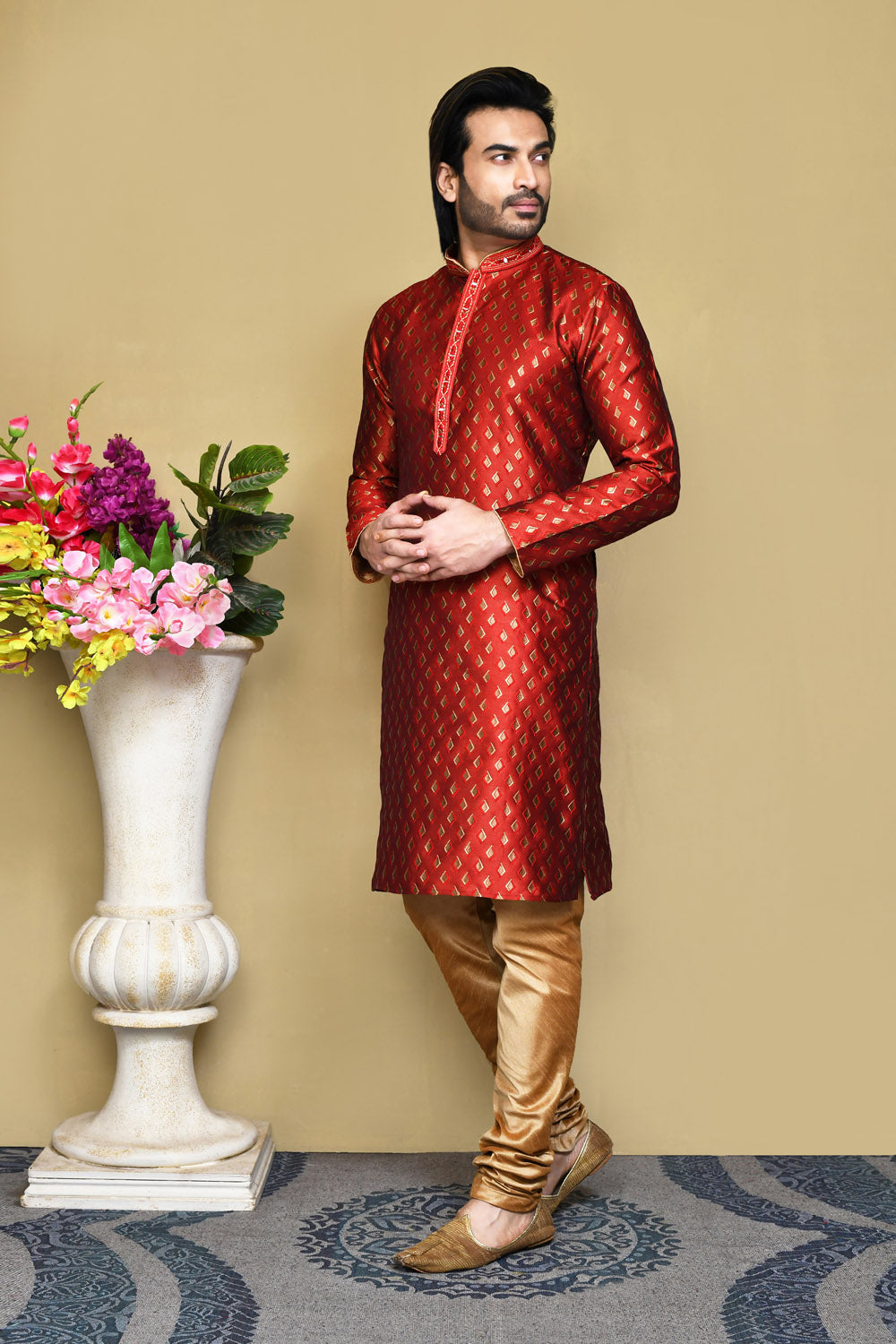 Red Colour Art Silk Fabric Resham Woven Kurta Pajama