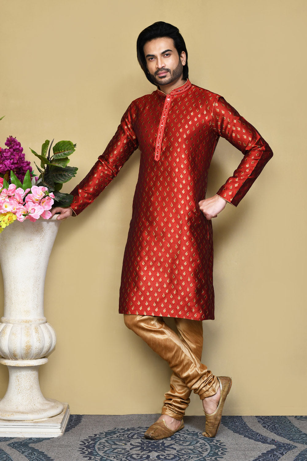 Red Colour Art Silk Fabric Resham Woven Kurta Pajama