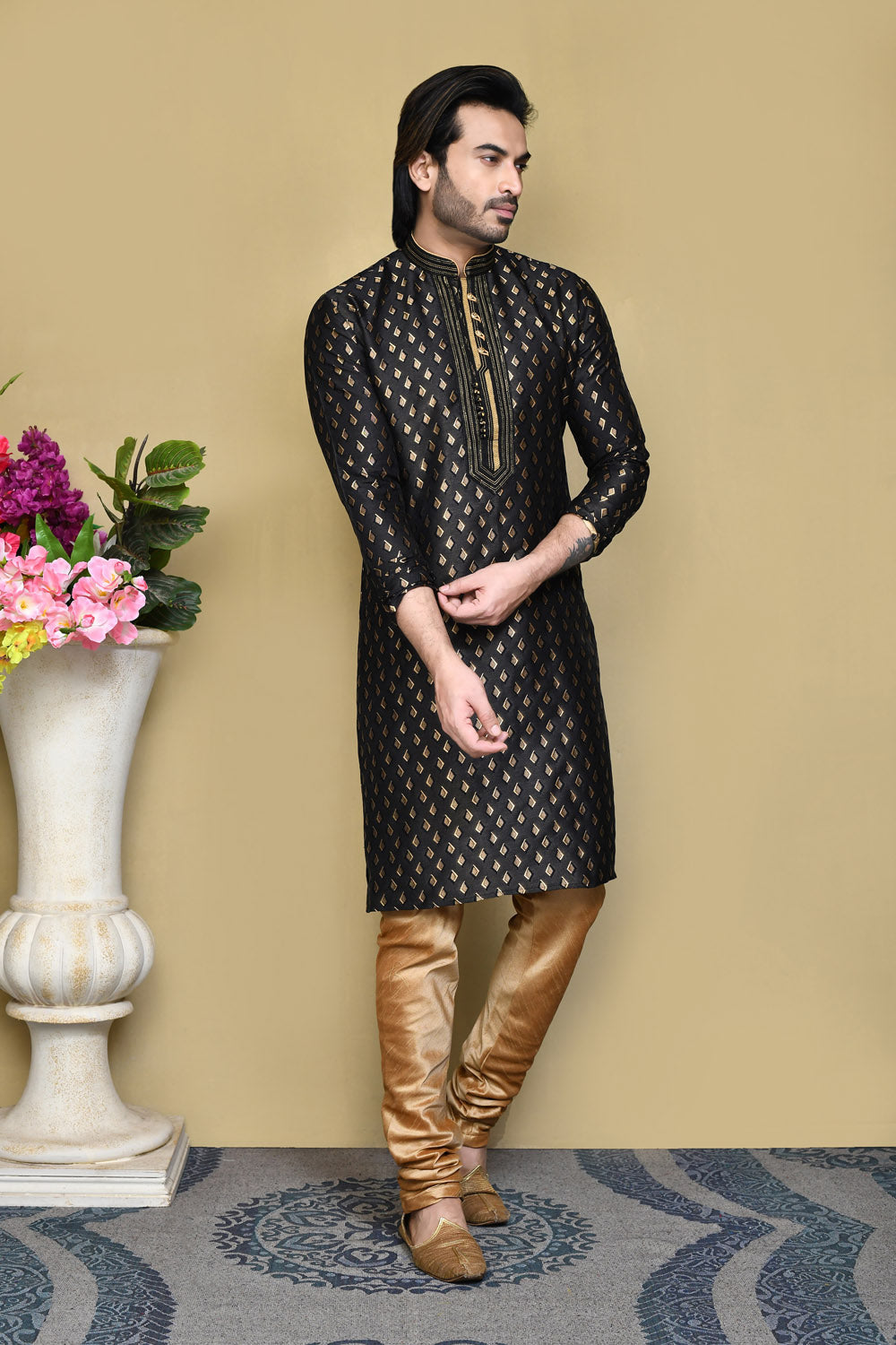Black Colour Art Silk Fabric Resham Woven Kurta Pajama