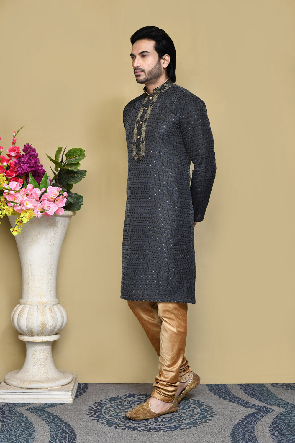 Black Colour Art Silk Fabric Resham Woven Kurta Pajama