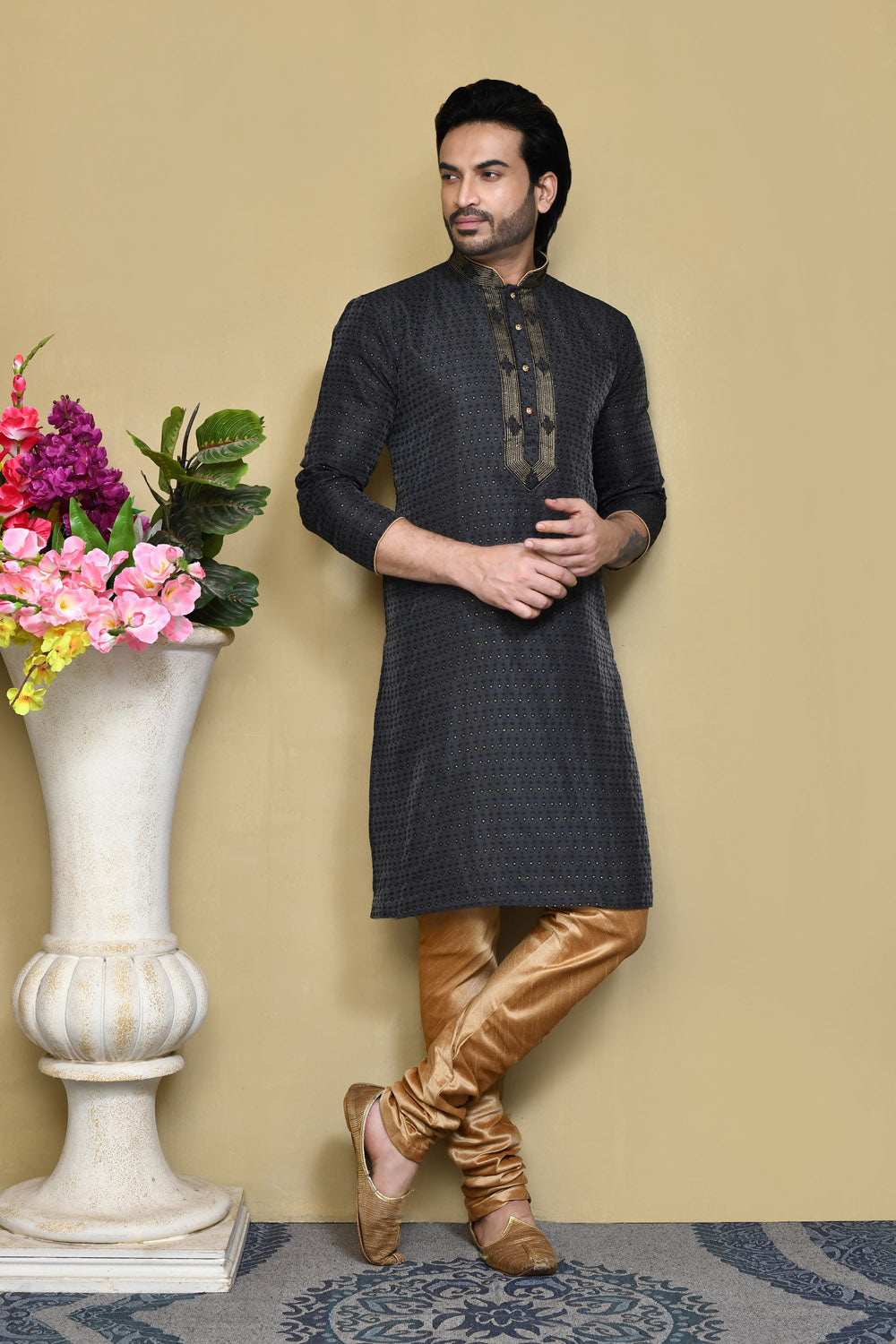 Black Colour Art Silk Fabric Resham Woven Kurta Pajama
