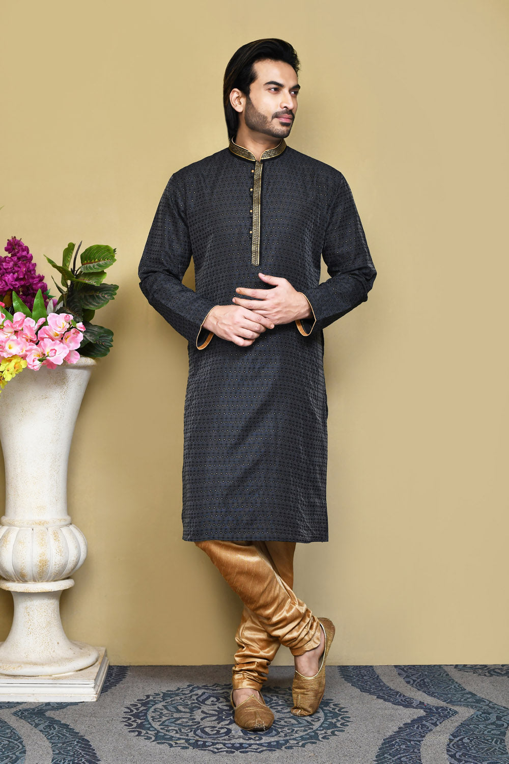 Black Colour Art Silk Fabric Resham Woven Kurta Pajama