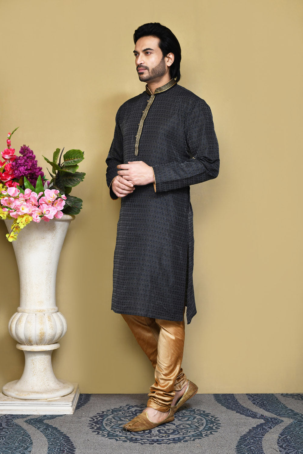 Black Colour Art Silk Fabric Resham Woven Kurta Pajama