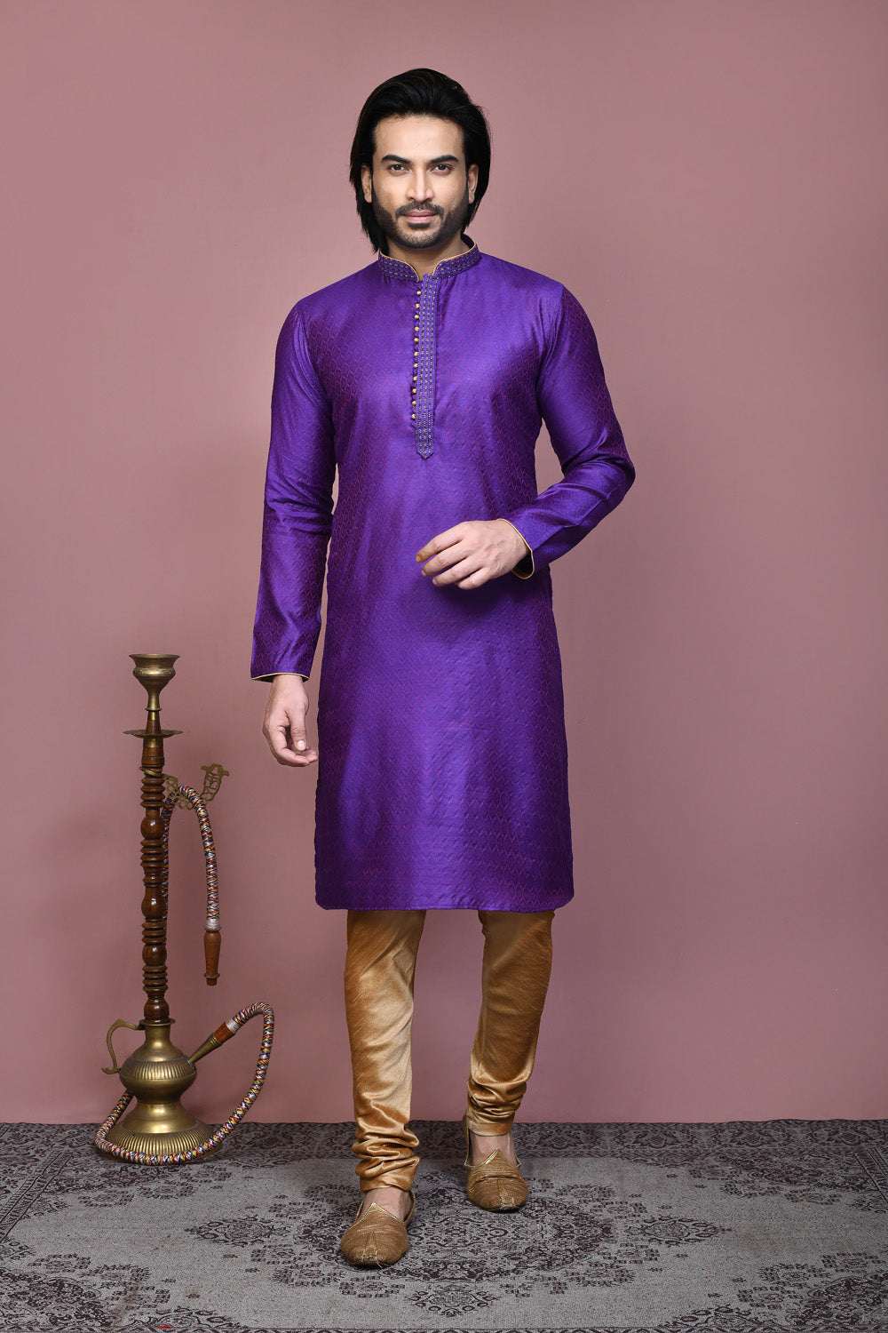 Purple Colour Cotton Silk Fabric Resham Woven Kurta Pajama