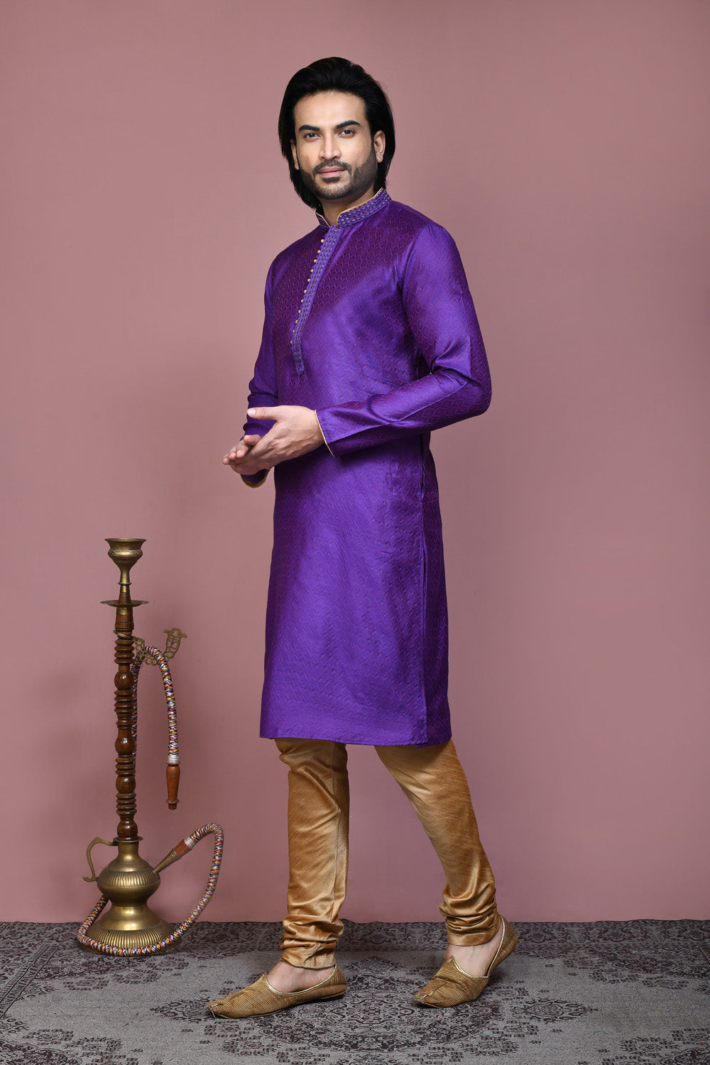 Purple Colour Cotton Silk Fabric Resham Woven Kurta Pajama