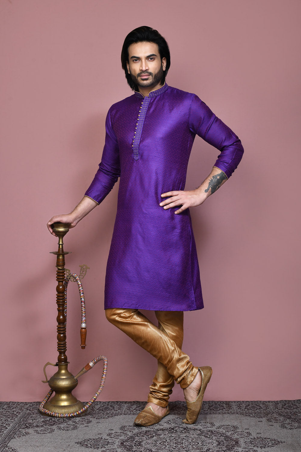 Purple Colour Cotton Silk Fabric Resham Woven Kurta Pajama