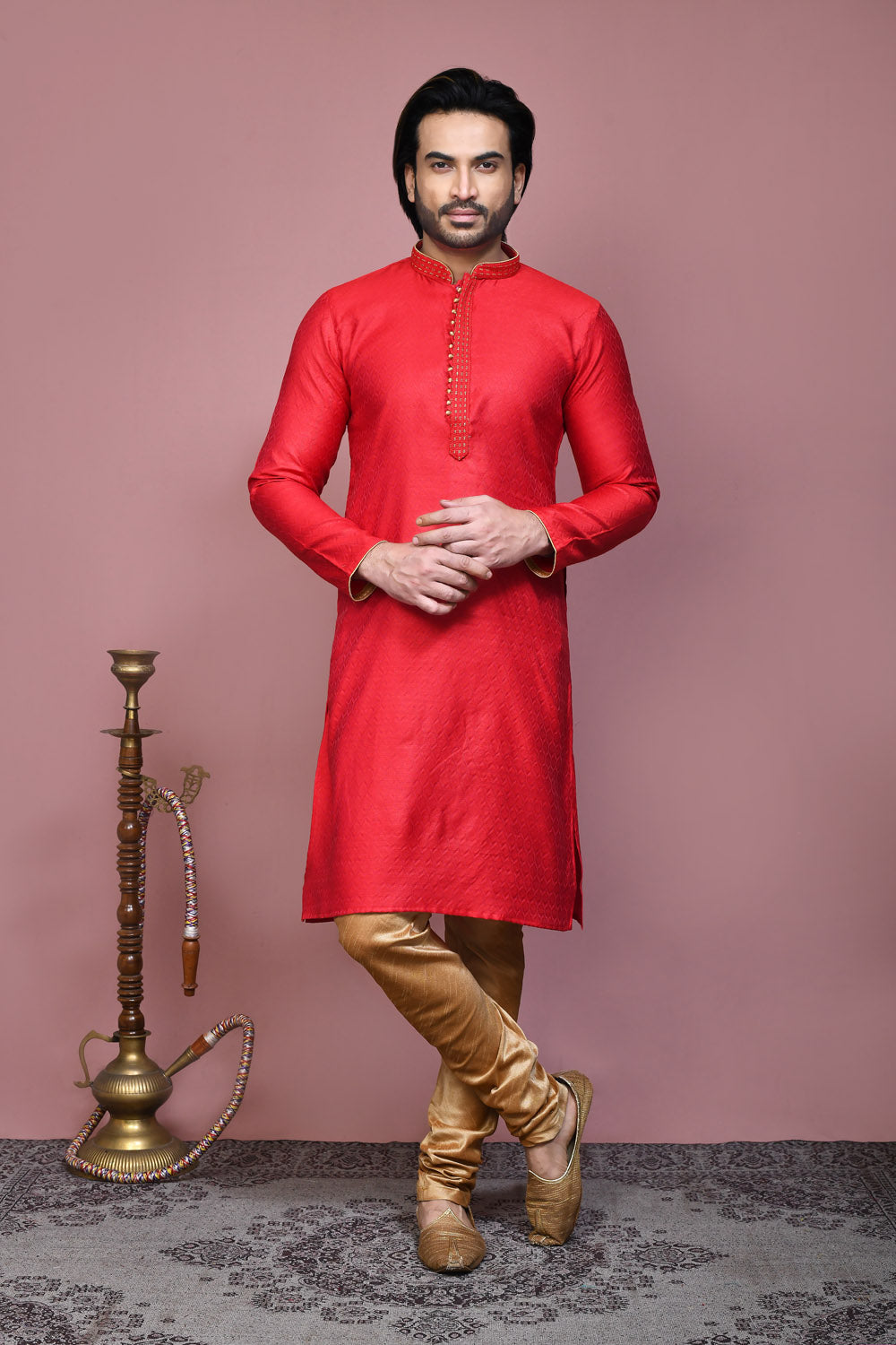 Red Colour Cotton Silk Fabric Resham Woven Kurta Pajama
