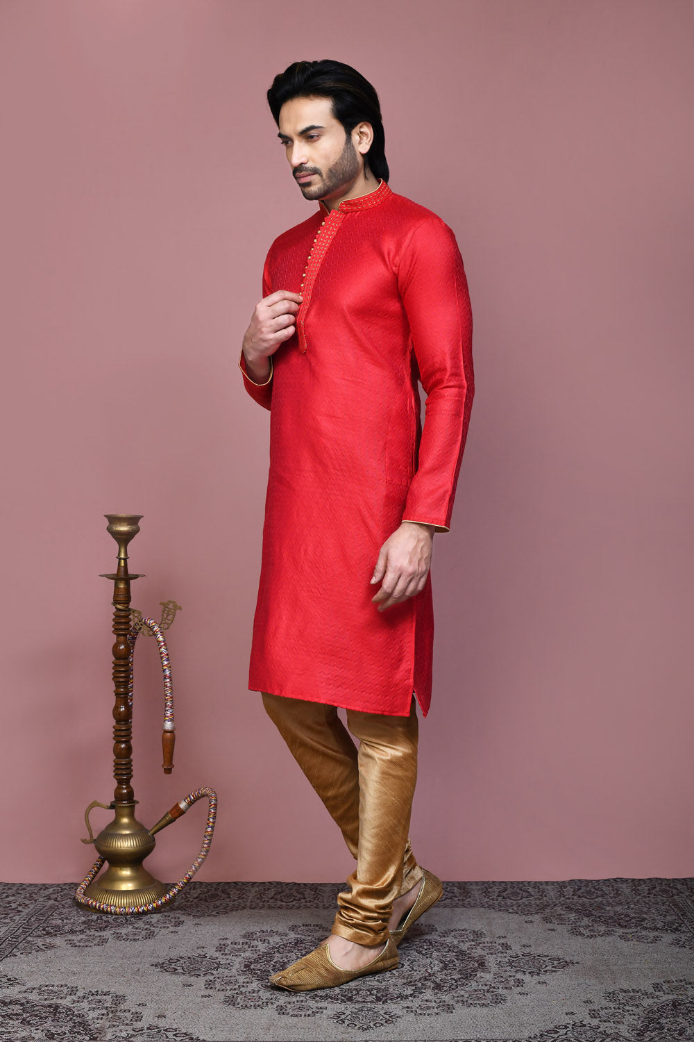 Red Colour Cotton Silk Fabric Resham Woven Kurta Pajama