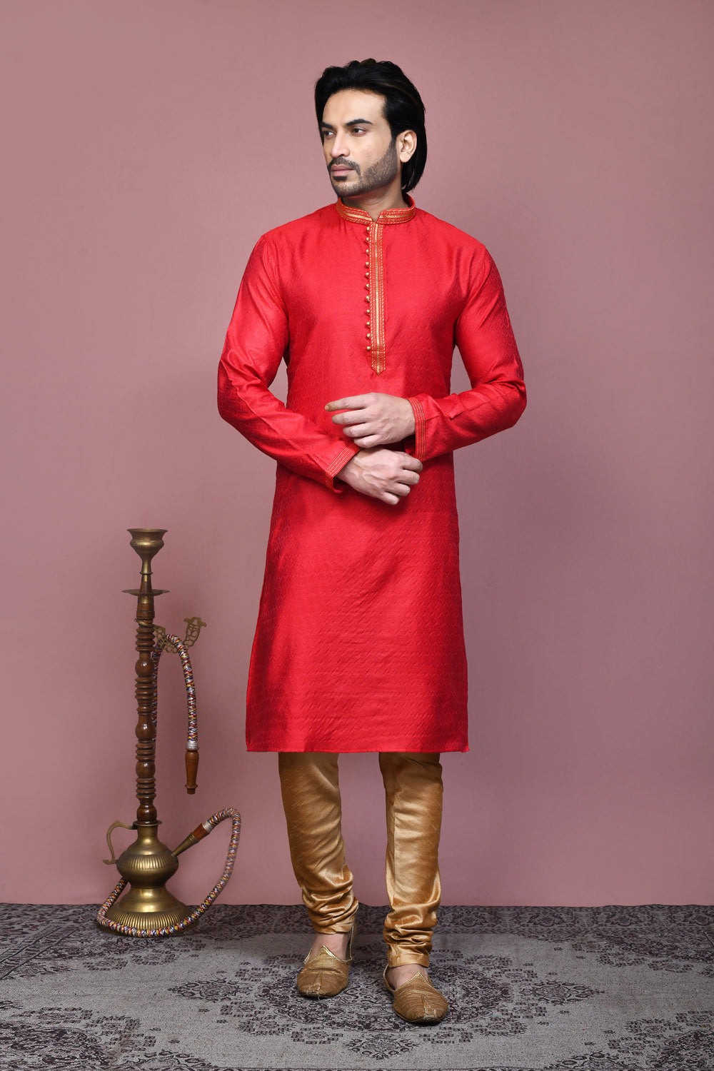 Red Colour Cotton Silk Fabric Resham Woven Kurta Pajama