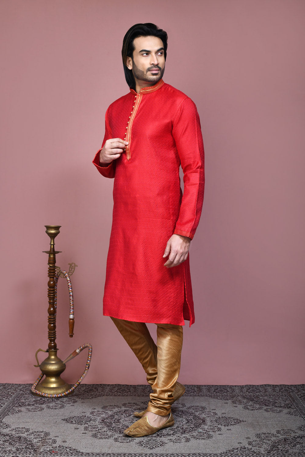 Red Colour Cotton Silk Fabric Resham Woven Kurta Pajama