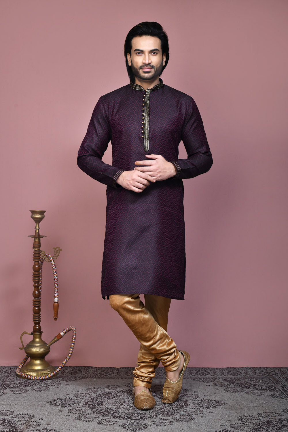 Wine Colour Cotton Silk Fabric Resham Woven Kurta Pajama