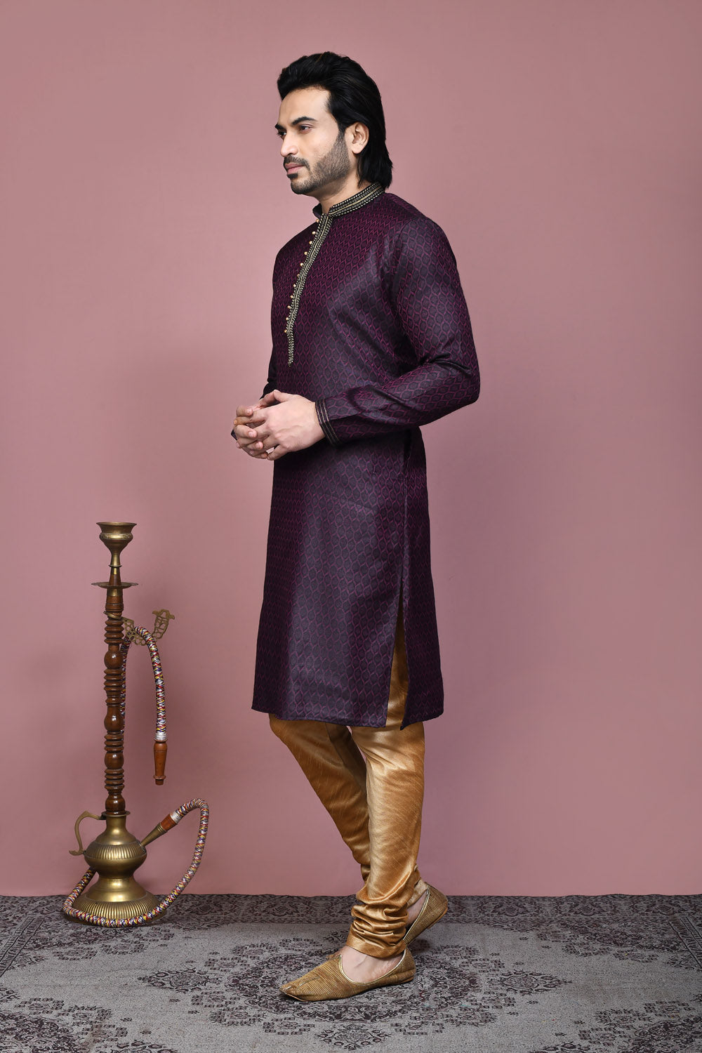 Wine Colour Cotton Silk Fabric Resham Woven Kurta Pajama