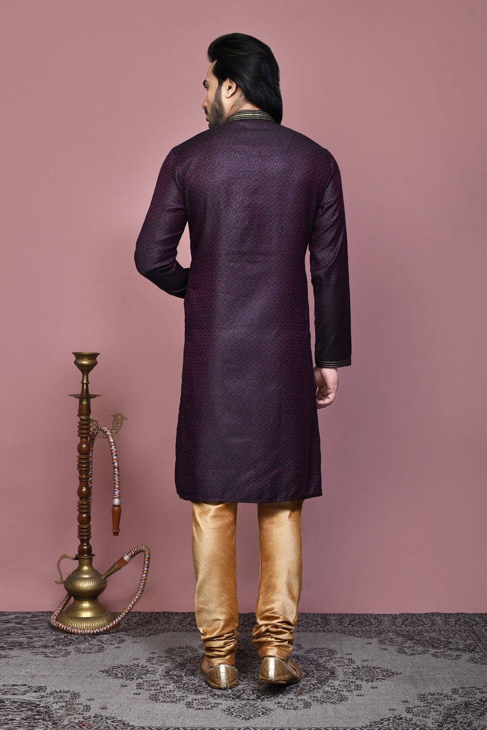 Wine Colour Cotton Silk Fabric Resham Woven Kurta Pajama