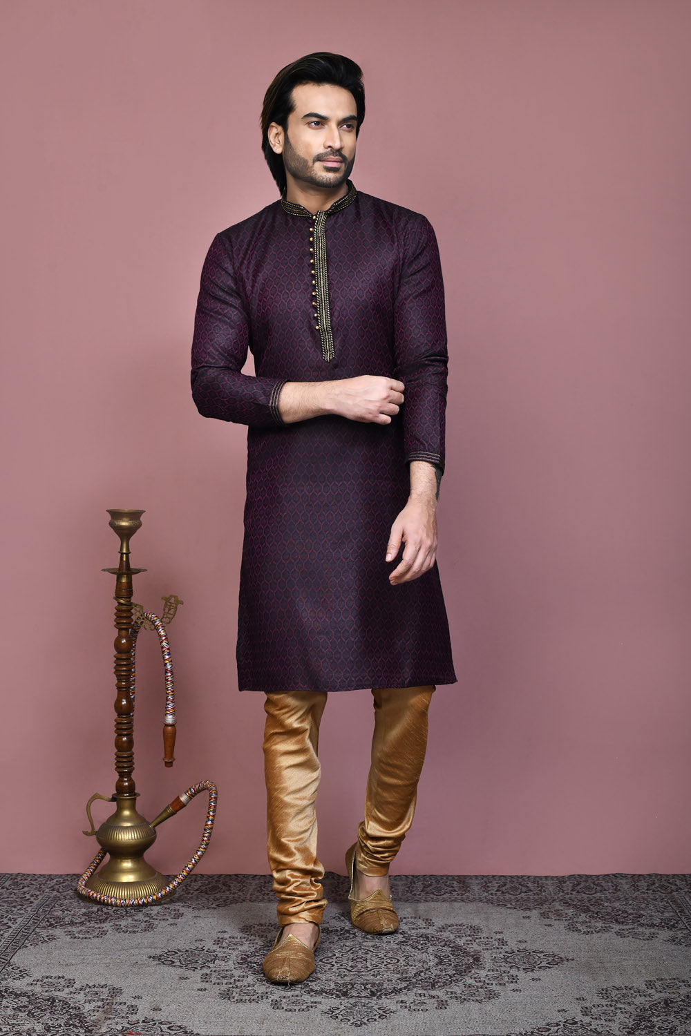 Wine Colour Cotton Silk Fabric Resham Woven Kurta Pajama
