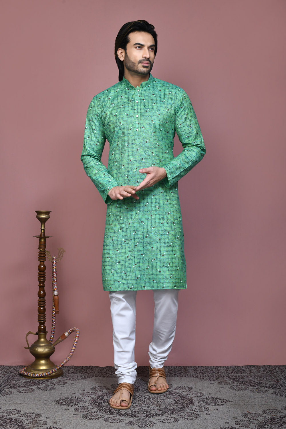 Green Colour Cotton Fabric Printed Kurta Pajama