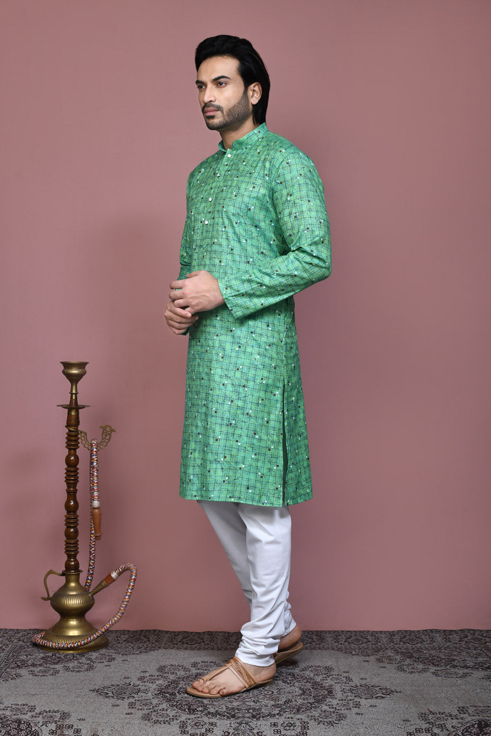 Green Colour Cotton Fabric Printed Kurta Pajama