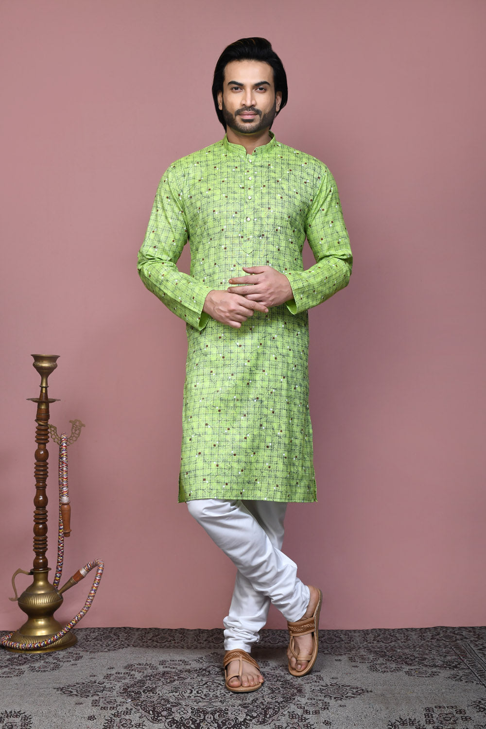Pista Colour Cotton Fabric Printed Kurta Pajama