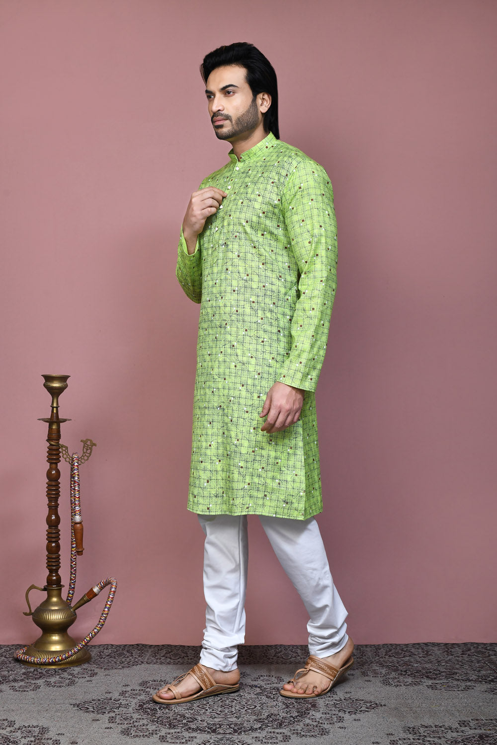 Pista Colour Cotton Fabric Printed Kurta Pajama