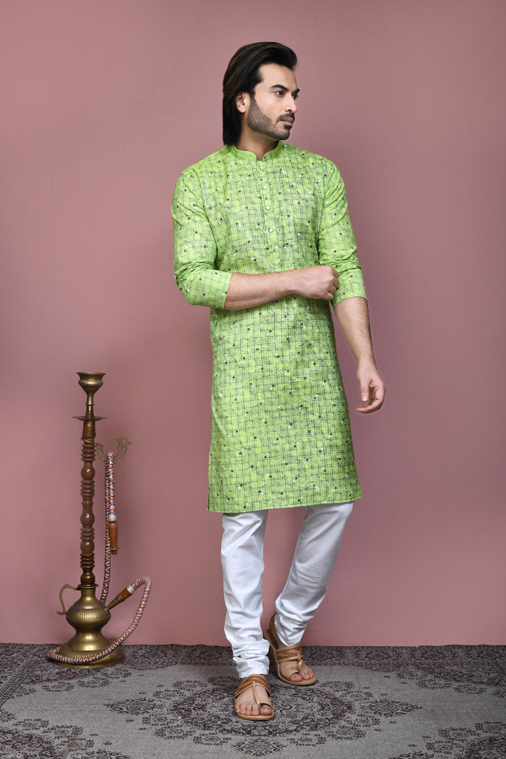 Pista Colour Cotton Fabric Printed Kurta Pajama