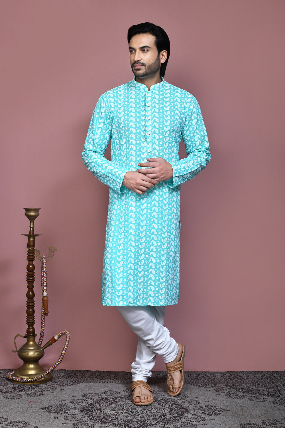 Green Colour Cotton Fabric Resham Embroidery Kurta Pajama