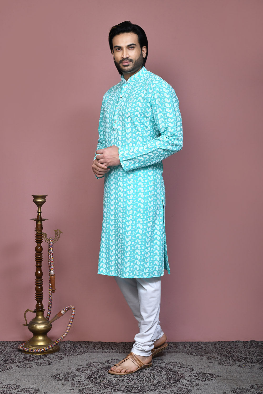 Green Colour Cotton Fabric Resham Embroidery Kurta Pajama