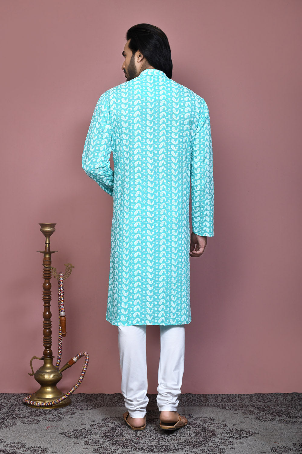 Green Colour Cotton Fabric Resham Embroidery Kurta Pajama