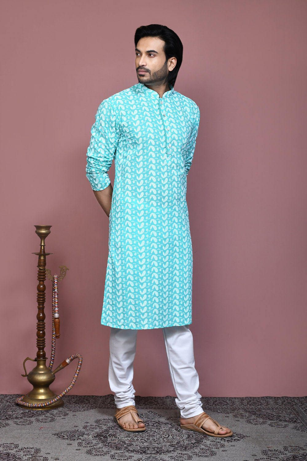 Green Colour Cotton Fabric Resham Embroidery Kurta Pajama