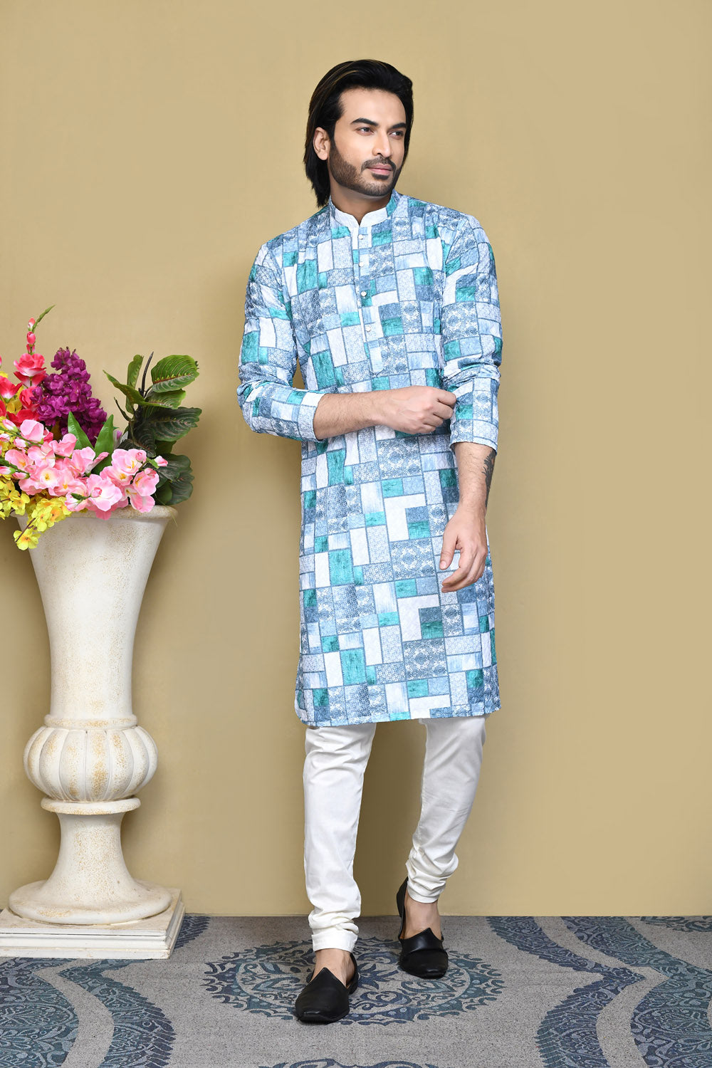 Green Colour Cotton Fabric Printed Kurta Pajama