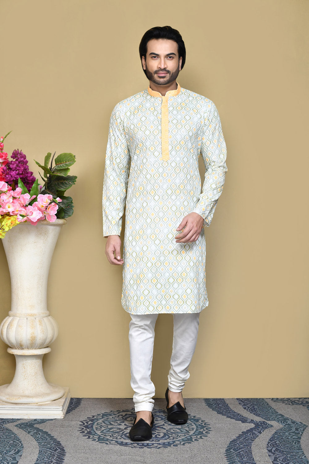 Yellow Colour Cotton Fabric Printed Kurta Pajama