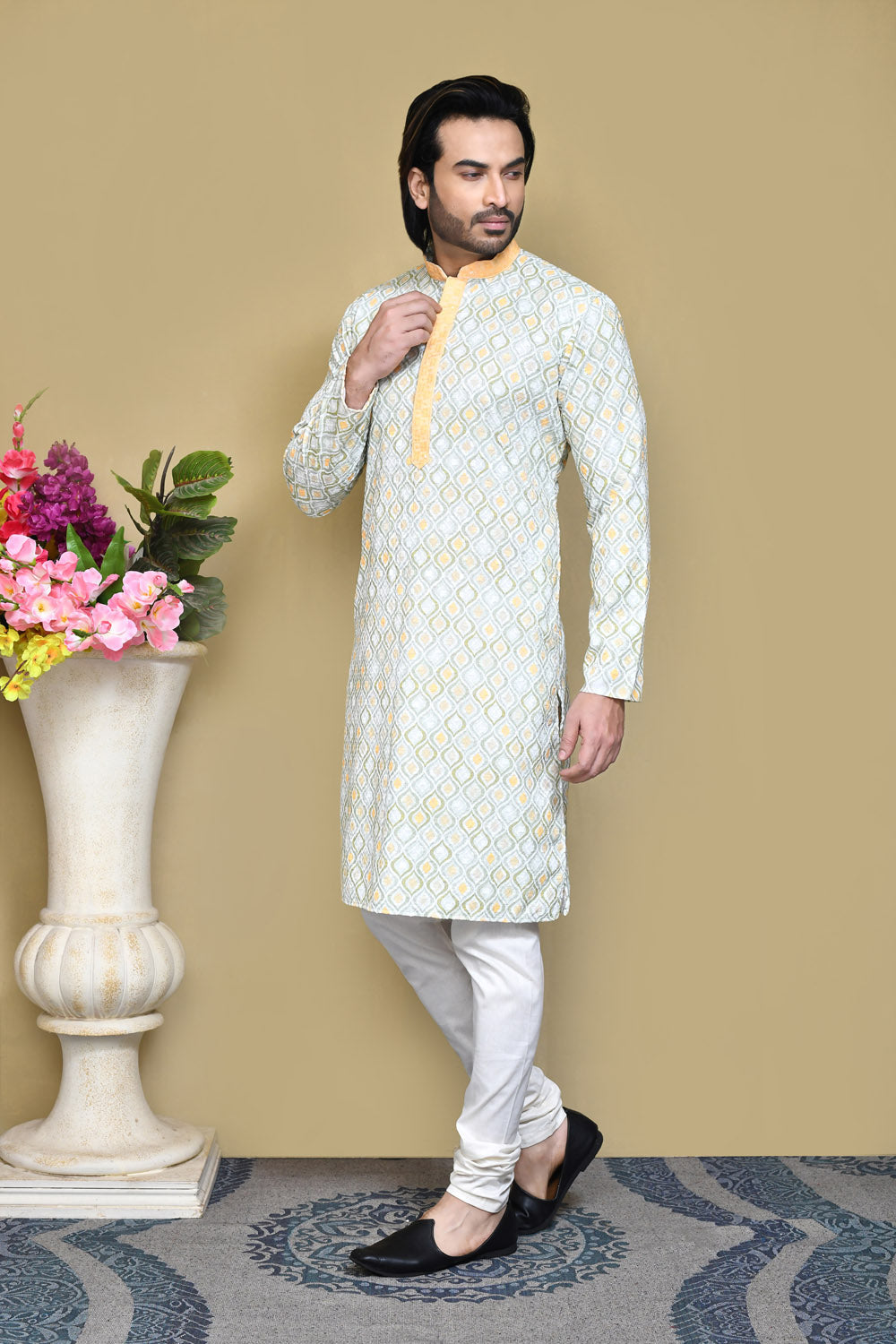 Yellow Colour Cotton Fabric Printed Kurta Pajama
