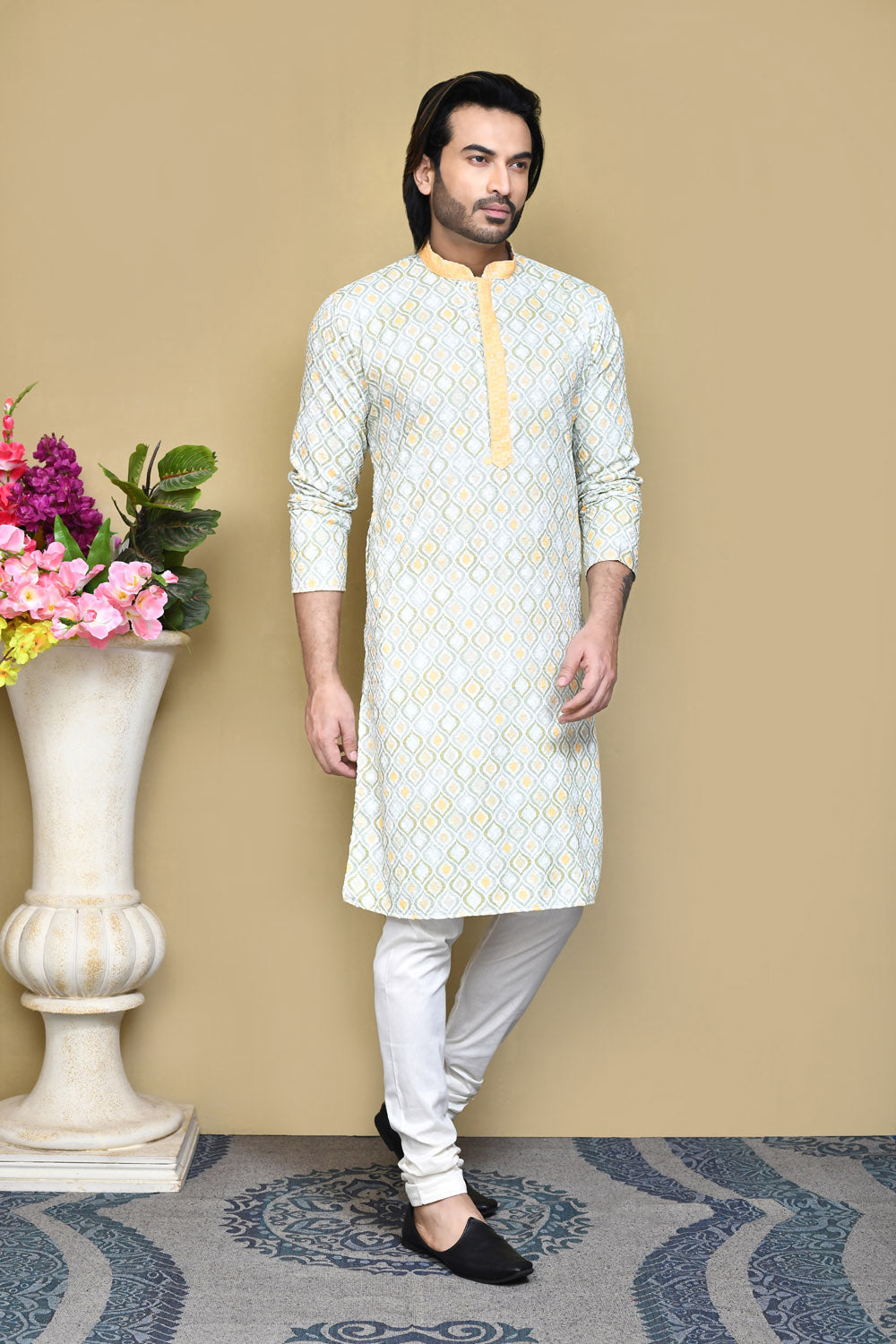 Yellow Colour Cotton Fabric Printed Kurta Pajama