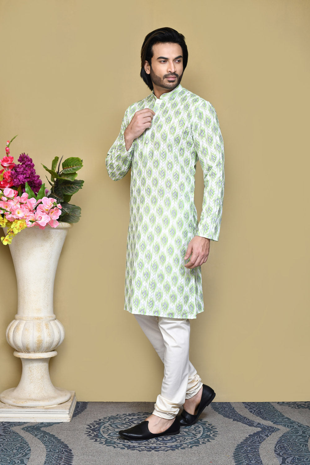 Pista Colour Cotton Fabric Printed Kurta Pajama