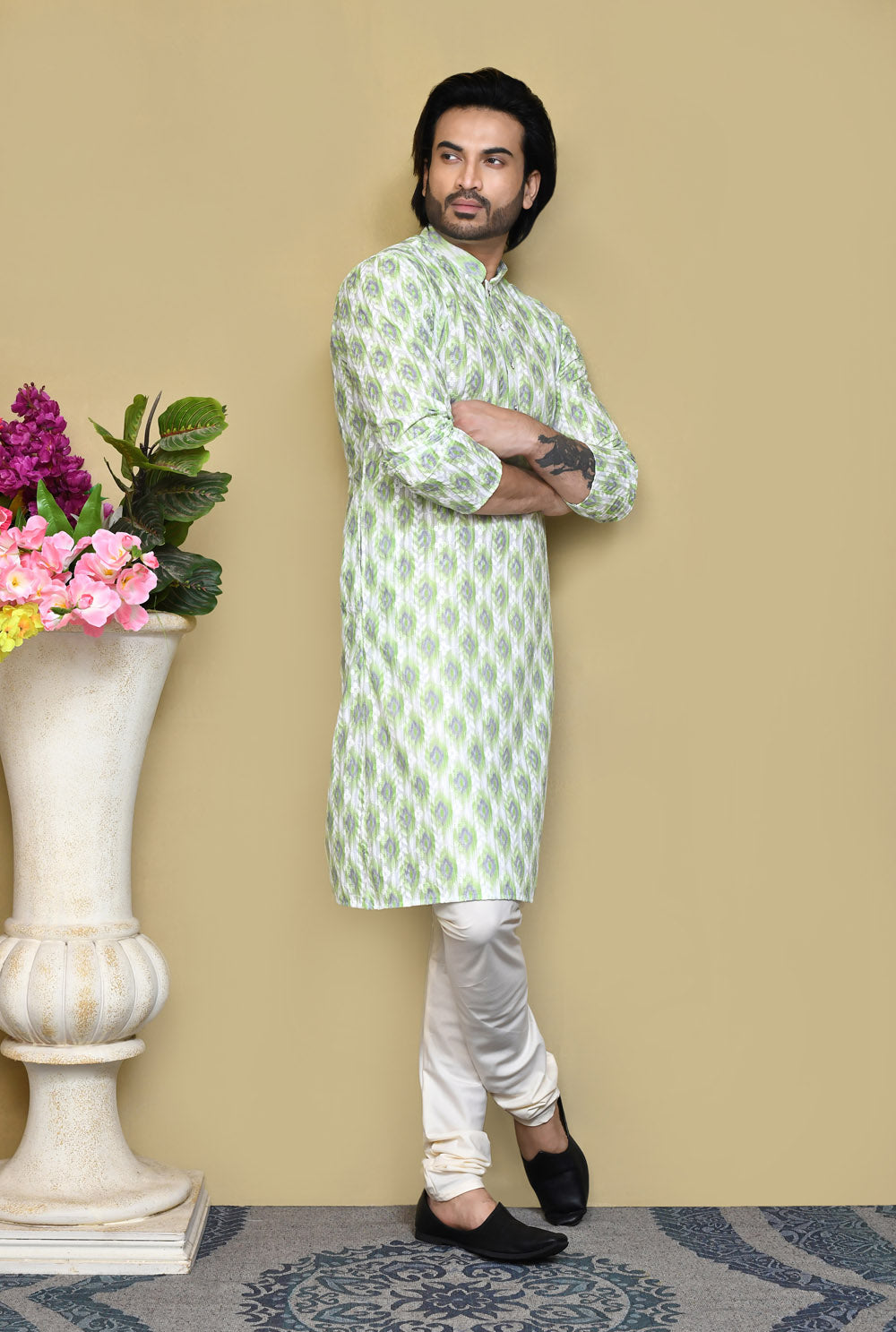 Pista Colour Cotton Fabric Printed Kurta Pajama