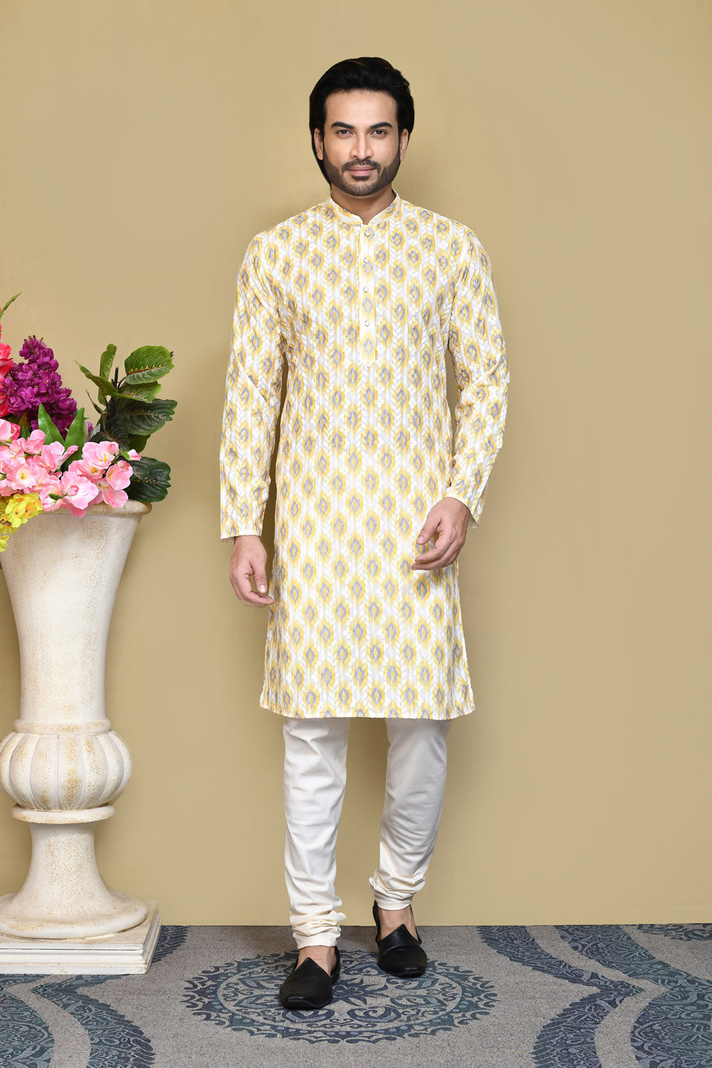 Yellow Colour Cotton Fabric Printed Kurta Pajama