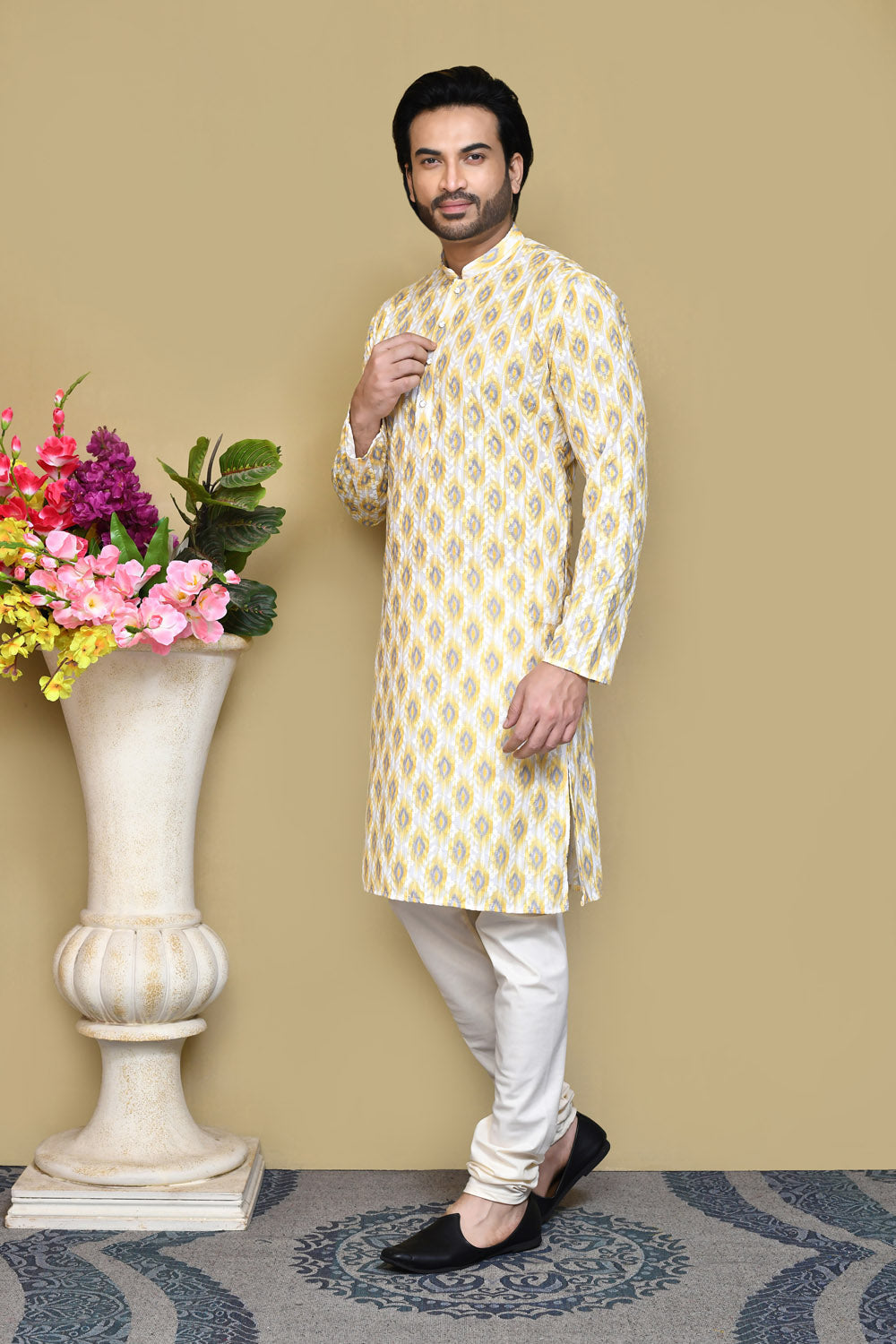 Yellow Colour Cotton Fabric Printed Kurta Pajama