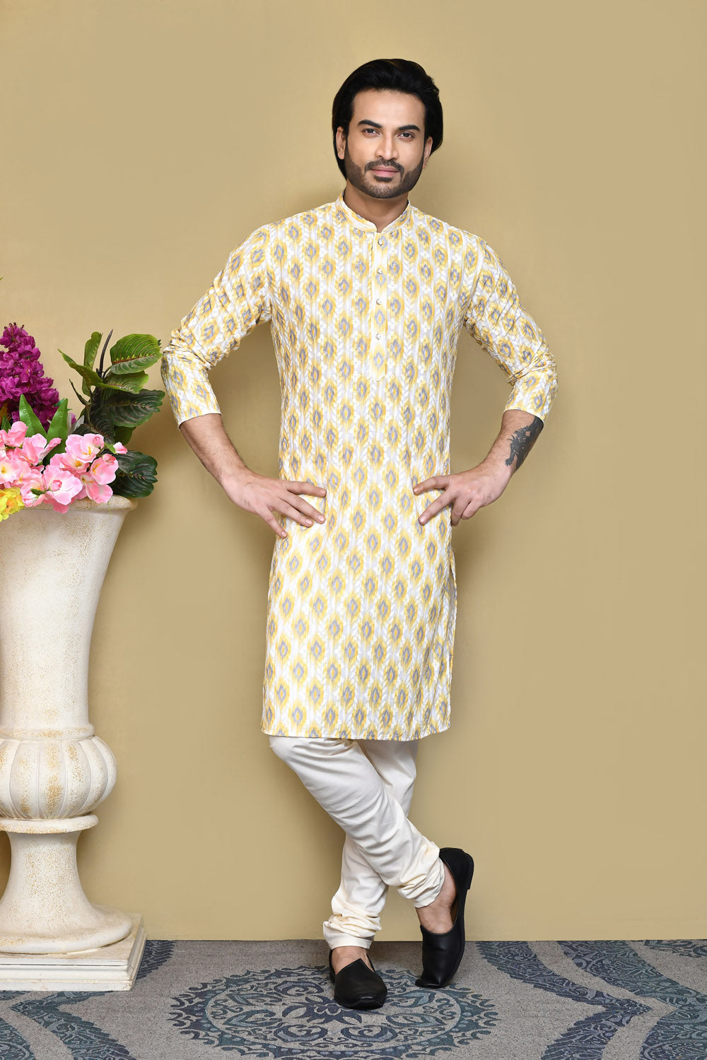 Yellow Colour Cotton Fabric Printed Kurta Pajama