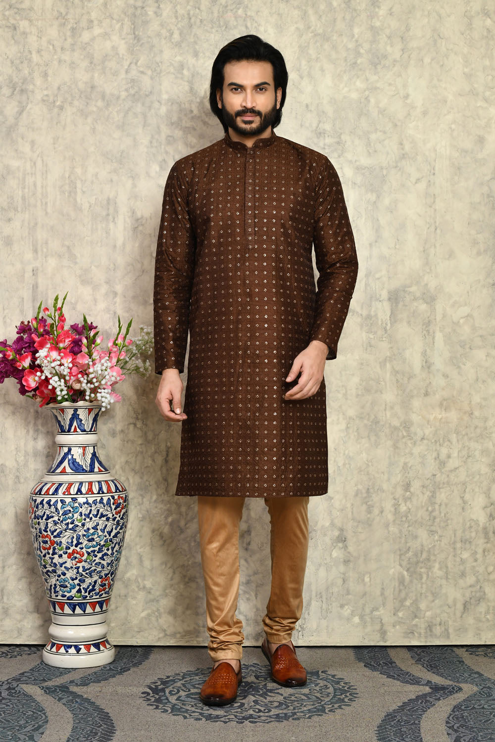 Chocolate Colour Art Silk Fabric With Plain Style Kurta Pajama