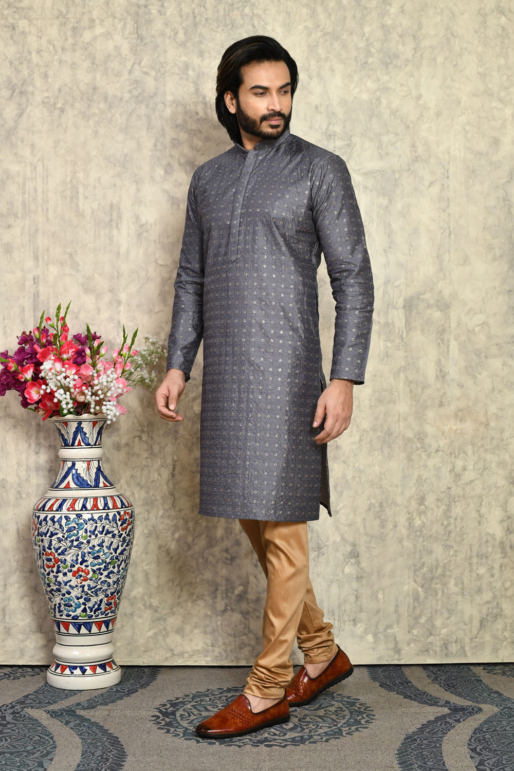Grey Colour Art Silk Fabric With Plain Style Kurta Pajama